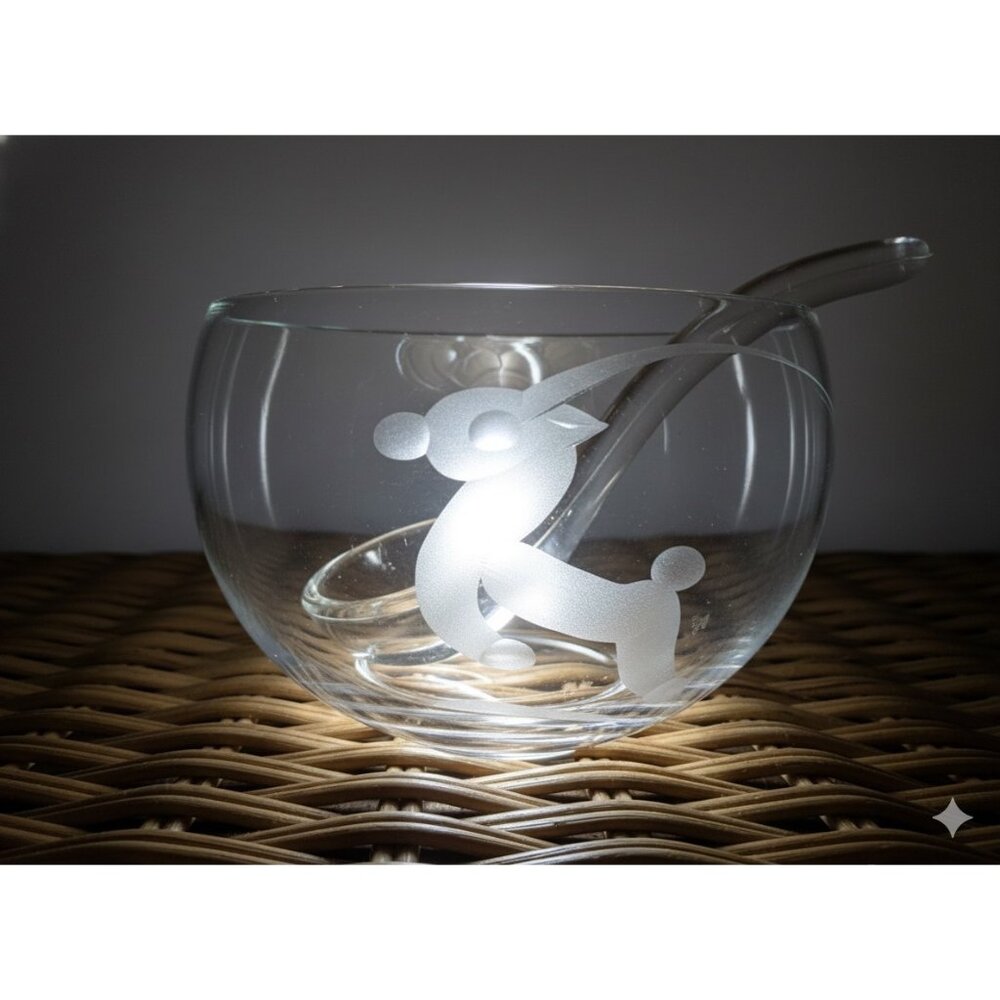 Vintage MCM Orrefors Clear Glass Condiment/Jam Bow/.spoon Etched Impala/Gazelle